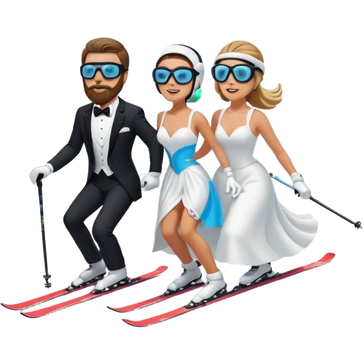 a couple skiing they both have ski helmets and goggles on , man with a beard in a tux and woman in a wedding dress on their skiis going down a slope.  emoji