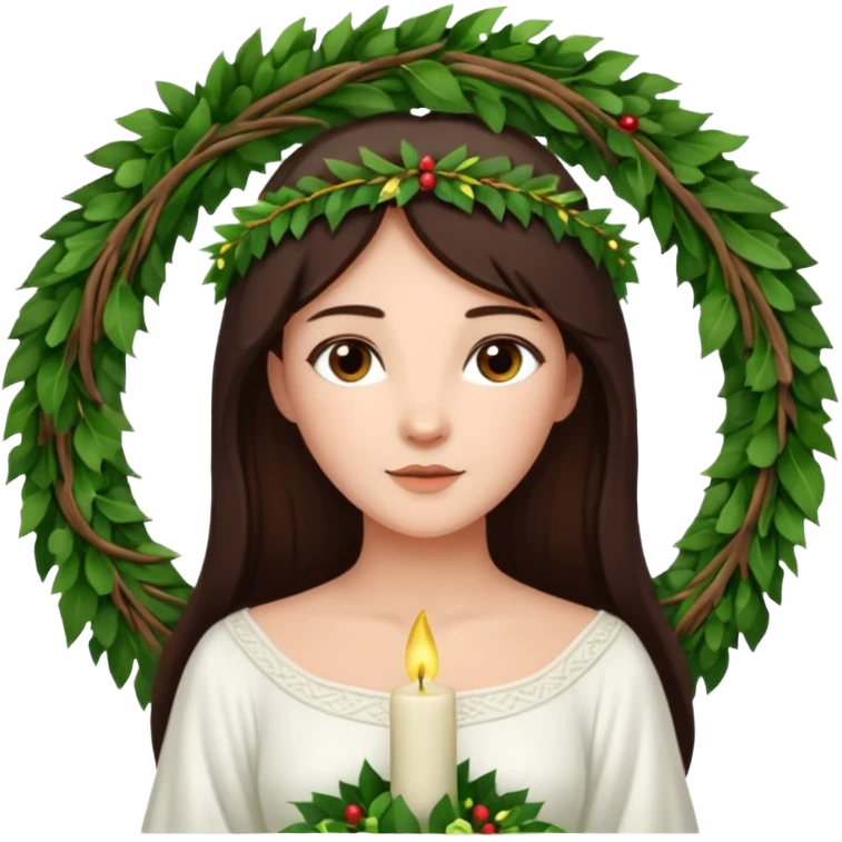  saint lucia with dark brown hair with a white gown and a wreath made from greenery with candles on top of the wreath emoji