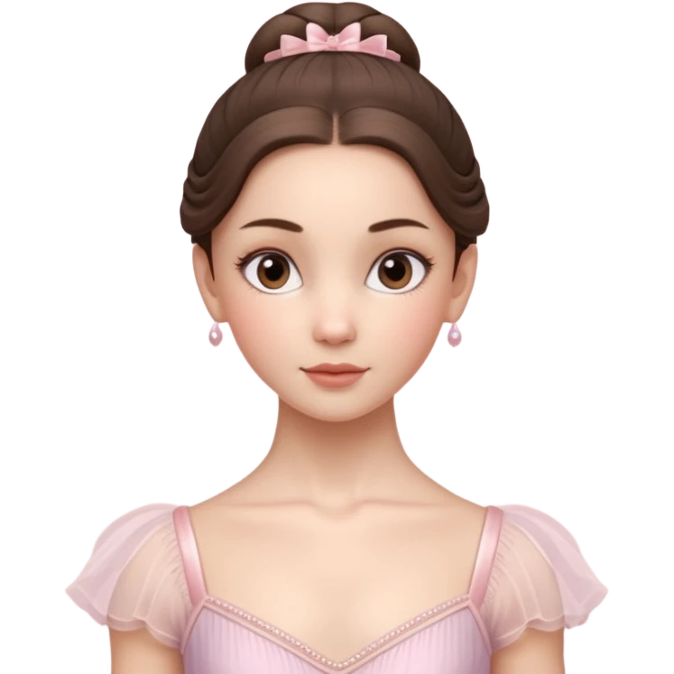 Cinematic Realistic ballerina Portrait, depicted with lifelike skin texture, subtle rosy undertones, and soft natural lighting that enhances the gentle contours of her face. Her intricately detailed sweet brunette hair is elegantly styled, emoji
