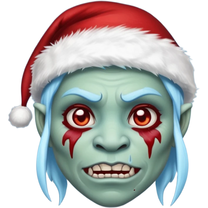 Fantasy orc portrait emoji, Santa Claus hat with icy texture, frozen scar glowing deep red against icy blue skin tones, primal winter survival theme, restrained detail, clean readable emoji style, female variant
 emoji