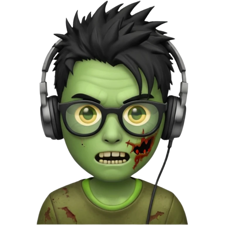 make a zombie iphone emoji with black  glasses, scratches black spiky hair and headphone, green skin
 emoji
