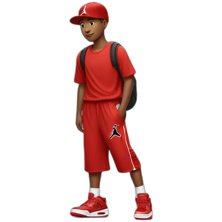 Morocho boy in red attire with a red Nike cap and Jordan Retro 4 red🌟. emoji
