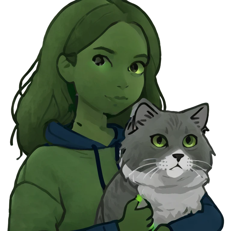 Brunette girl with dark blue sweatshirt holding a fluffy grey Siberian cat emoji