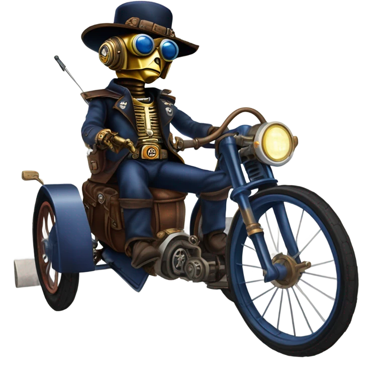 Old west Bounty hunter C-3PO Jedi wearing a pair of navy-blue rimmed steampunk goggles, hat, leather chaps, fringe jacket riding a relaxed sci-fi 3 wheeler trike steampunk rat rod motorcycle with large fenders and saddlebags in desert town  emoji