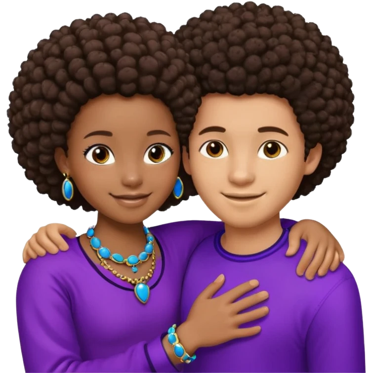 Tan male with short brown hair, smiling and hugging, black African girl with Afro in purple clothes with blue jewelry emoji