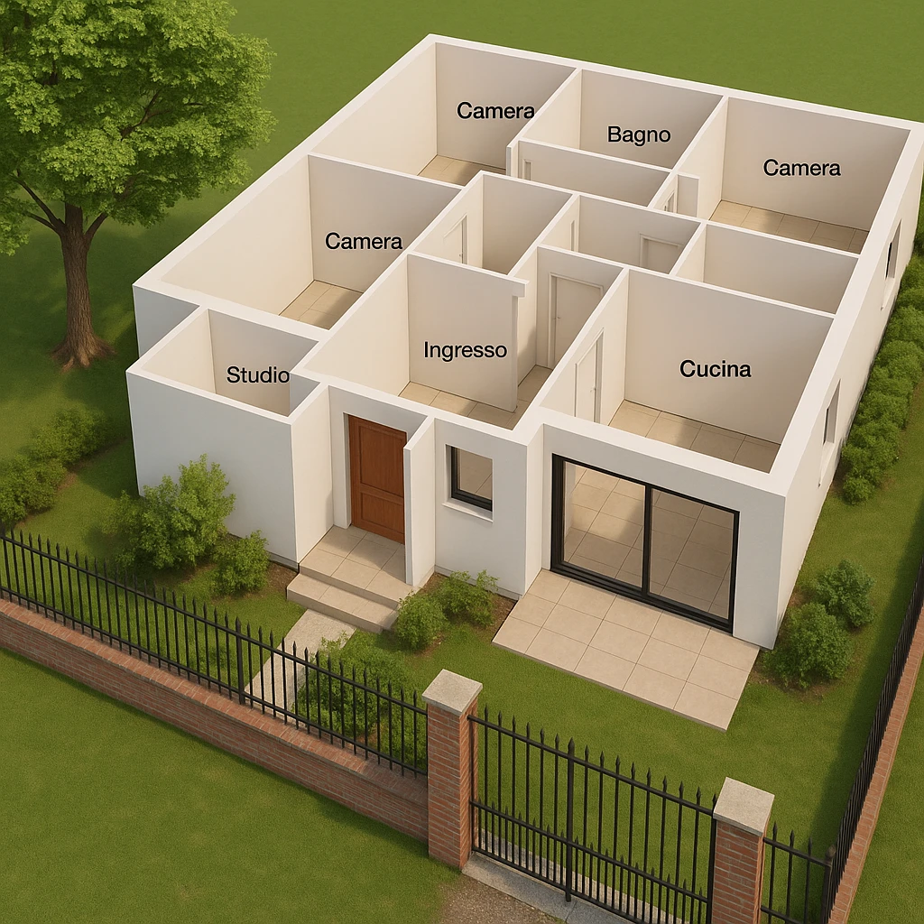 Model the exit door of the dining room based on the provided photos. Improve the veranda by making it more modern and welcoming, adding a full-height (2.55 meters) contemporary style sliding glass door. Maintain a realistic context and integrate the new solution with the 3D floor plan. emoji