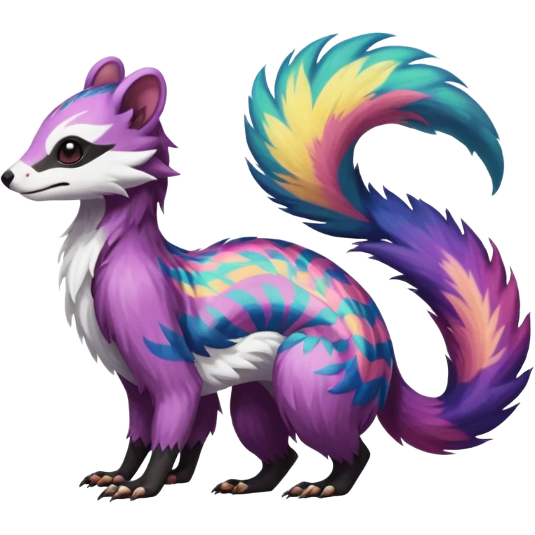 Colorful diaphanous Trico-Wickerbeast-Sergal-Skunk-Ferret-Furret-Marsupial-Vernid-fusion-Fakemon-animal-hybrid-creature, full body emoji