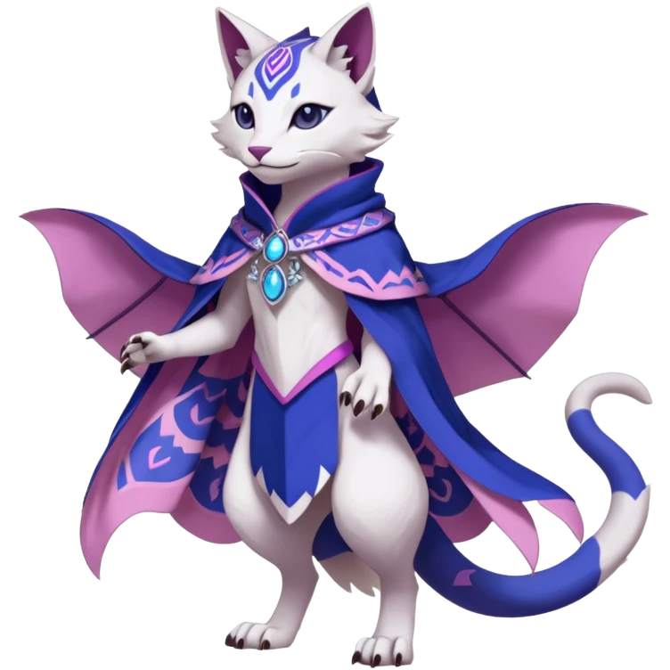 Kawaii white, indigo, purple, pink cute beautiful pretty elegant divine edgy feline-vernid-sergal-Fakémon-Pokémon-Digimon-fursona-animal-creature, full body, with intricate detailed markings, Embroidered capelet, silken shawl emoji