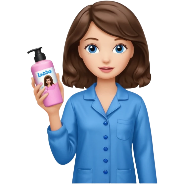 Barbie girl with makeup, blue eyes , and bob long haircut wavy, short brown hair in brown pajamas, face cream in hand emoji