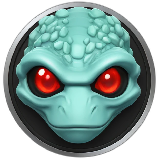 Aquamarine reptilian in classic black suite with red laser eyes on the middle of platinum coin emoji