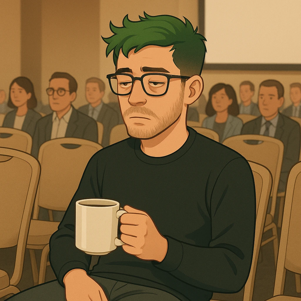Transform the green-haired male software developer into a scene where he is sitting in a chair at a conference, holding a coffee mug, with eyes barely open as if very tired. Keep the character's green hair and tired expression prominent, and depict a conference setting around him. emoji