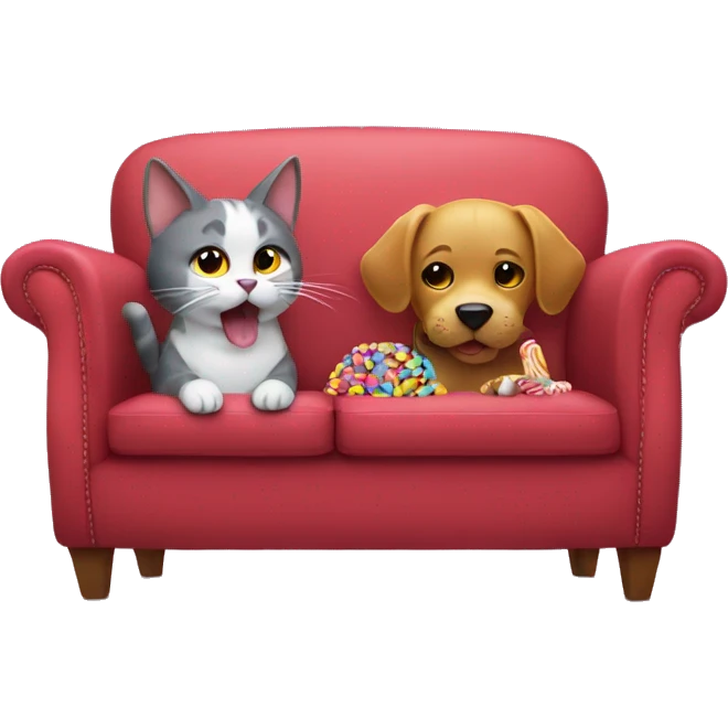 Cat and dog eating candy on a couch emoji
