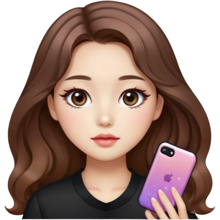 “korean straight brown hair Emoji girl, soft eyeliner and blush, gradient lips, light brown shimmer eyeshadow, sparkly aegyo-sal, long wavy hair,  emoji