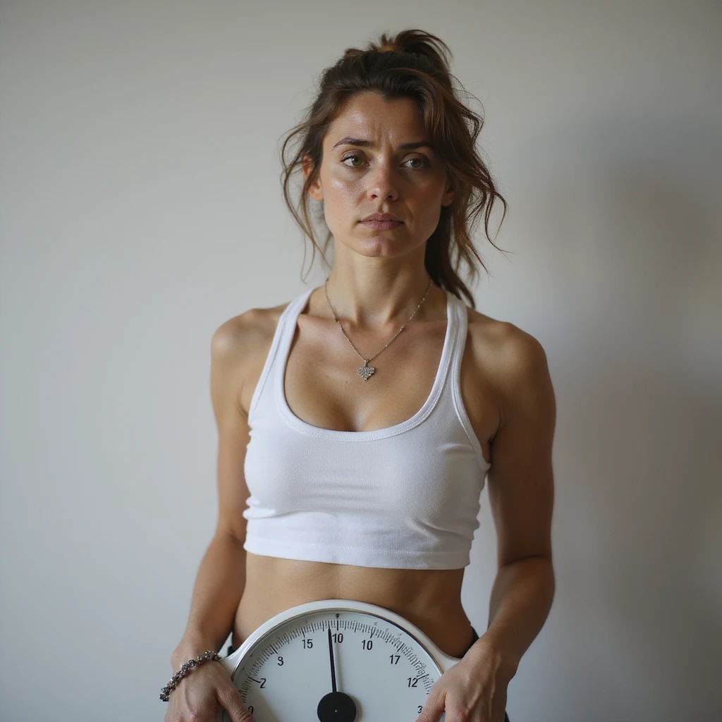 adult woman, photorealistic, diet plateau, standing on scale with disappointed expression, weight chart steady in hand, natural light, bathroom background emoji