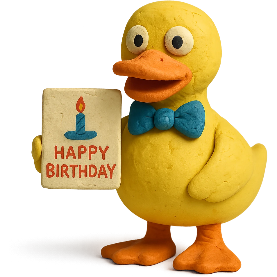 duck with bowtie holding birthday card, claymation style emoji