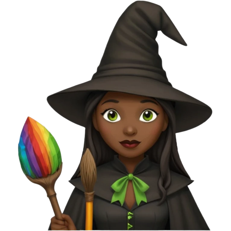 elphaba the wicked witch from wicked movie (cynthia erivo) dark long hair, thick lips, witch hat, broom emoji