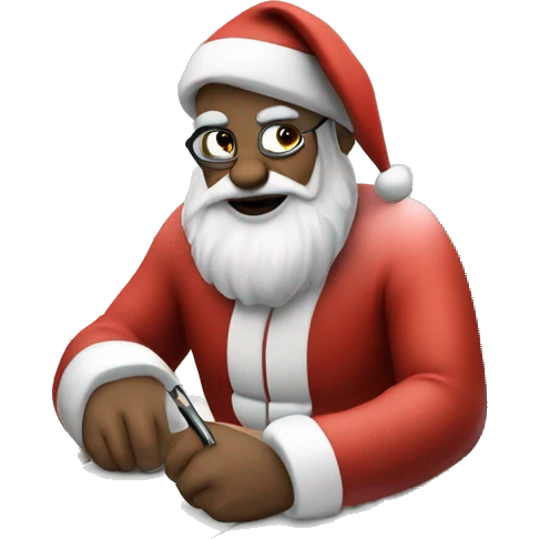 Santa is sitting on a desk, writing something down, solving complicated math problems in an exercise book emoji