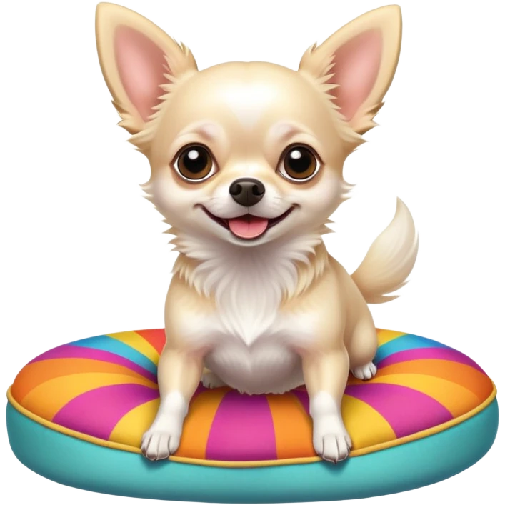 Very beautiful and elegant white hairy chihuahua jumping on a colourful cushion  emoji