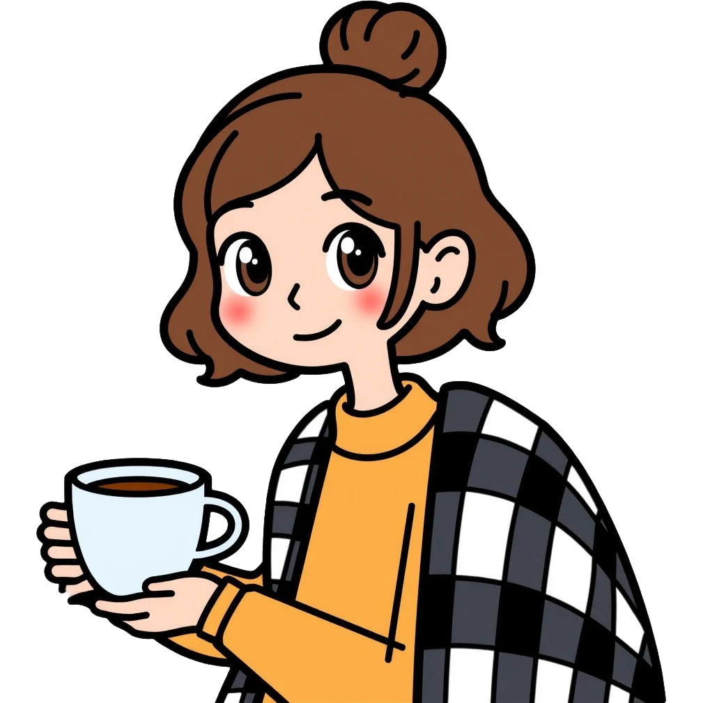 A 16-year-old girl with brown eyes and brown hair, with a black and white checkered blanket on her back, holding a white cup of tea in her hand emoji