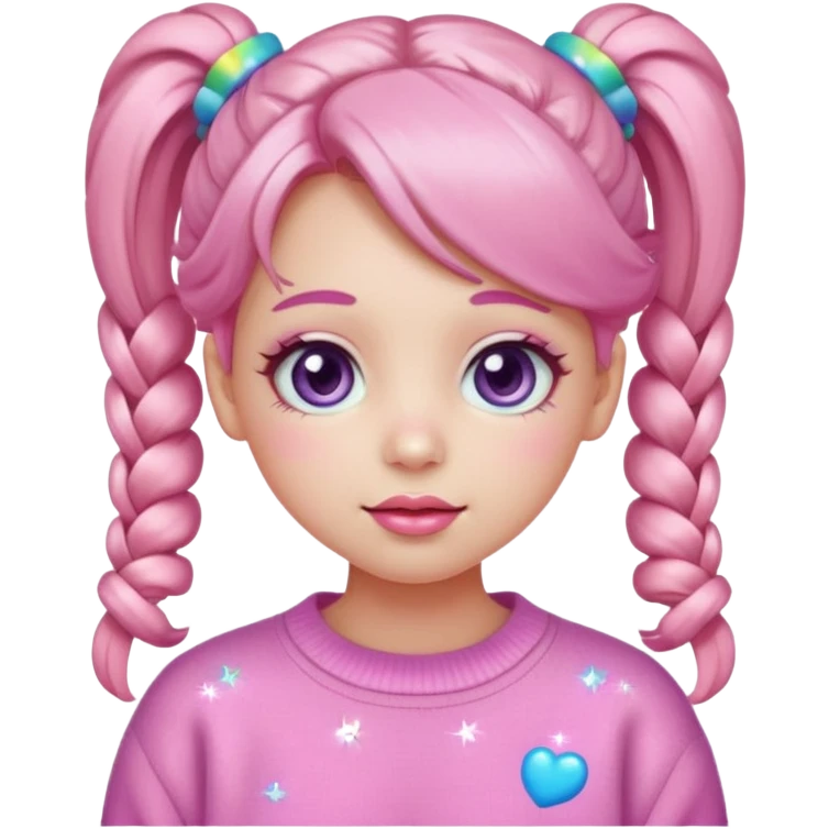 “Emoji girl, pastel pink blush, sparkly wide eyes, glossy bubblegum lips, hair in cute pigtails with colorful clips, wearing oversized pastel sweater.” emoji