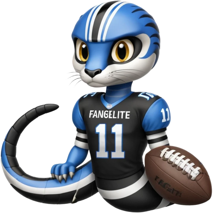 Кобра с чёрными и белыми глазами . У неё чёрно-белая футбольная форма с надписью FangElite emoji