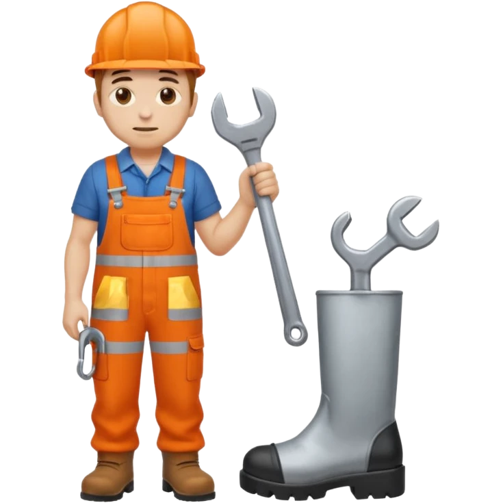 railway engineer, looking tired in full orange overalls, boots, holding a spanner emoji emoji