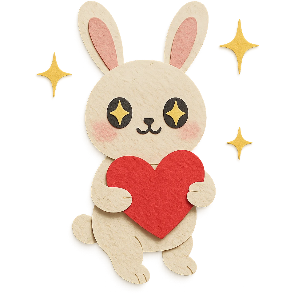 full-body milky white bunny with sparkling eyes, holding a big heart, sparkles floating around, dreamy pose, paper-craft style emoji