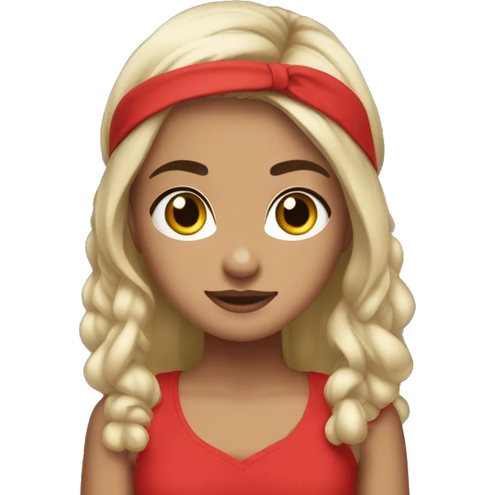 A brunett Riley wearing red clothes and headband emoji