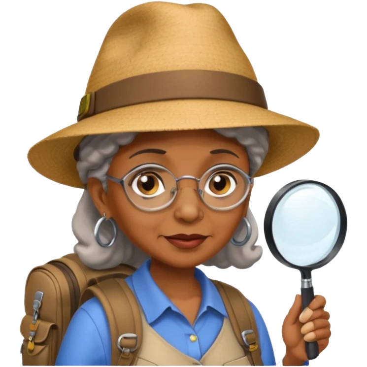 Explorer old black woman with hat and magnifying glass and backpack, portrait emoji