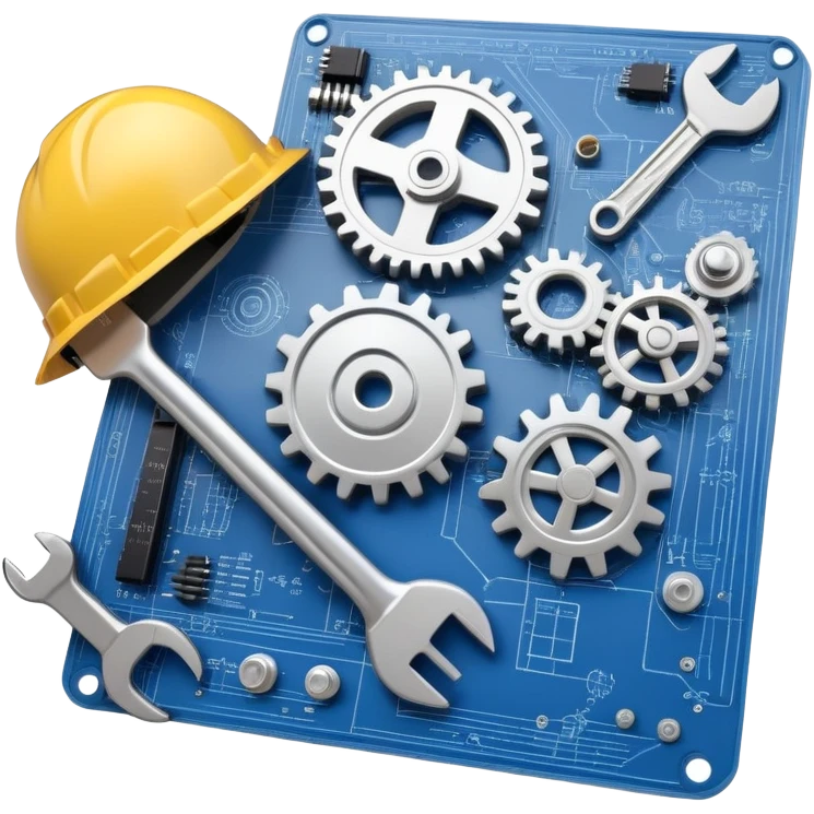 An icon featuring a gear, a wrench, and a blueprint, symbolizing engineering. The design includes a hard hat, a circuit board, and a ruler, representing problem-solving, design, and technological innovation across various engineering fields. Transparent background emoji