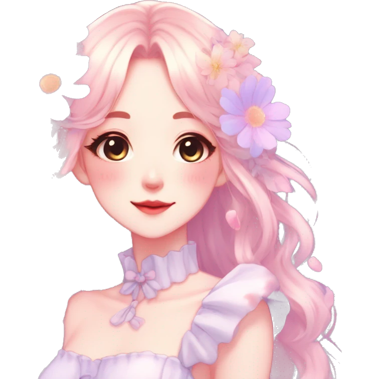 Gorgeous pastel anime style lady with blushing face with flower petals around  cottagecore fairycore pastelcore shiny colorful pearly petite simplistic aesthetic trending style emoji
