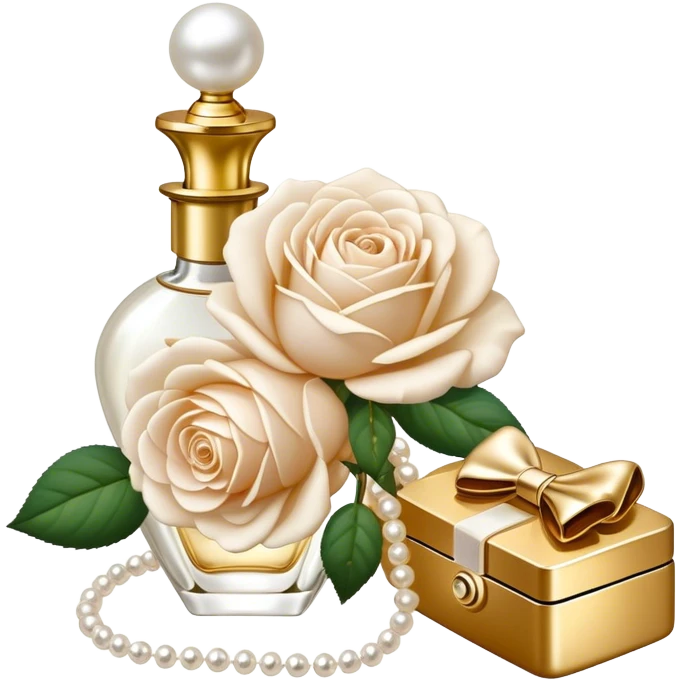 white English rose Benjamin Britten ( flower ) and pearl bow and vintage gold perfume bottle  emoji