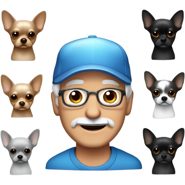 Older man with blue eyes gray hair gray goatee in ball cap holding black longhair chihuahua  emoji