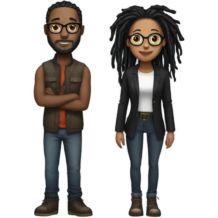 black couple with locs, light skin with long black locs, with glasses and BLACK locs tied up full body emoji