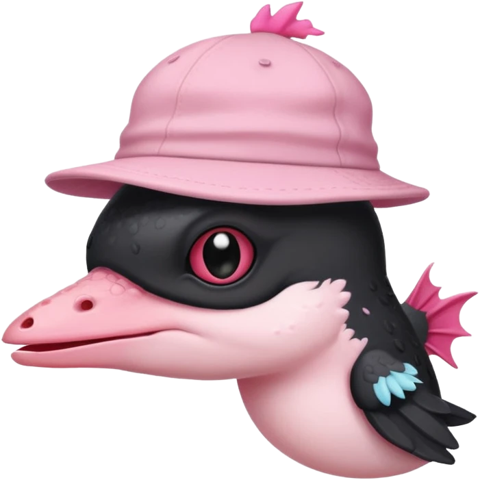 black bird wearing an axolotl hat emoji