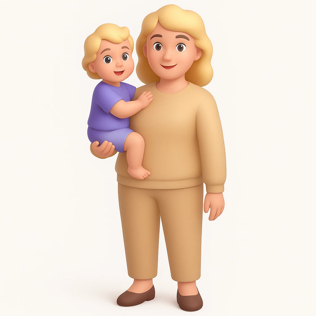 A happy mother with a child in beige clothes in different poses, 3D emoji style emoji