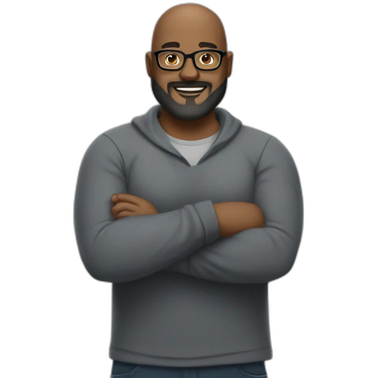 crossed arms full body smiling chubby man bald head darkgraybeard glasses emoji
