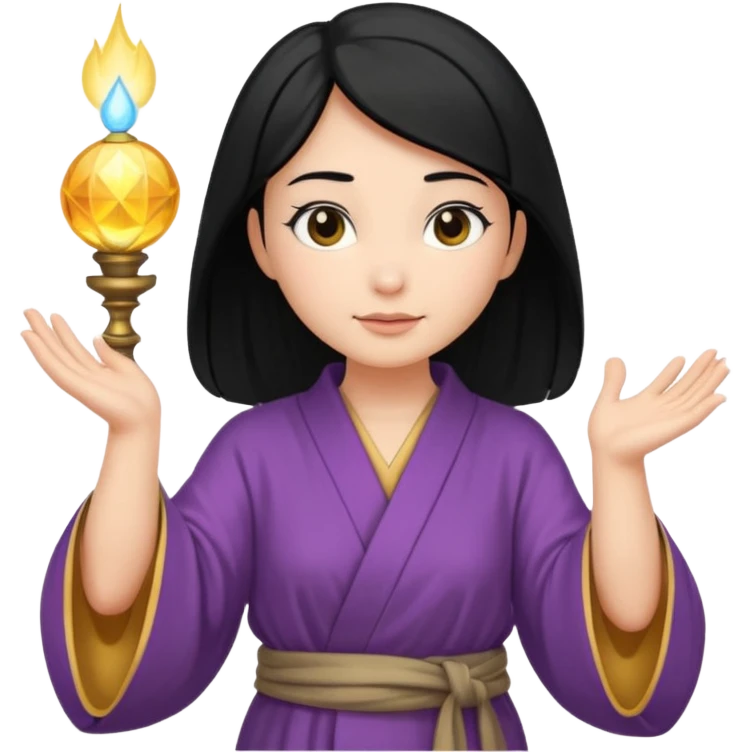 female wizard with black hair in a low bun with both hands palm up emoji