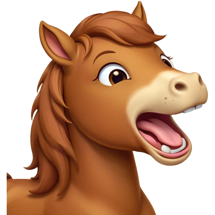 Cinematic Cute Yawning Chestnut Horse Portrait Emoji, Head tilted slightly with a dramatic, wide-open yawn, revealing a smooth chestnut fur with a subtle shimmer, floppy ears slightly drooping, round amber eyes barely open in drowsy contentment, Simplified yet irresistibly adorable features, highly detailed, glowing with a soft, cozy glow, high shine, relaxed yet expressive, stylized with a touch of equine whimsy, bright and endearing, soft glowing outline, capturing the essence of a sleepy yet affectionate horse, so drowsy it feels like it could stretch out of the screen and curl up for a nap! emoji
