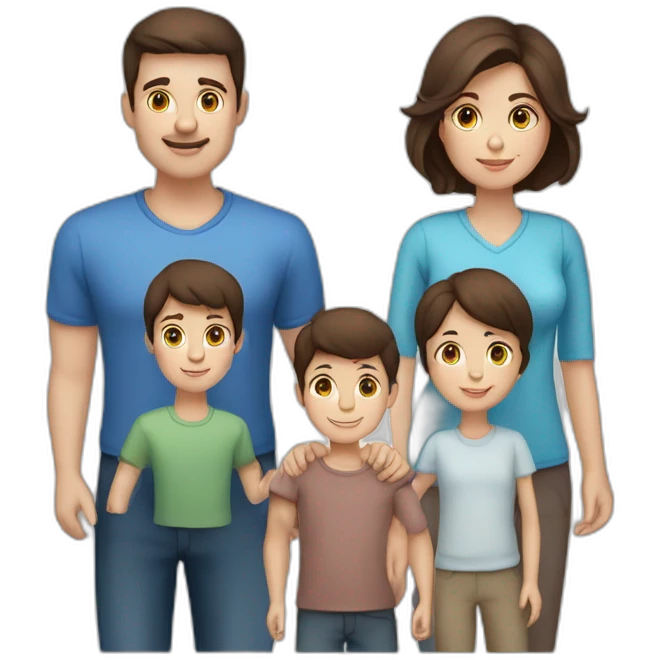 A family with mother with brown hair and blue eyes- a father with dark brown hair and brown eyes- two boy with dark brown hairs and a old sister with dark brown hair and blue eyes emoji