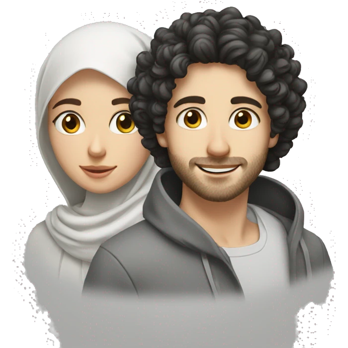 young white European guy with curly black hairs plus girl hijab  emoji