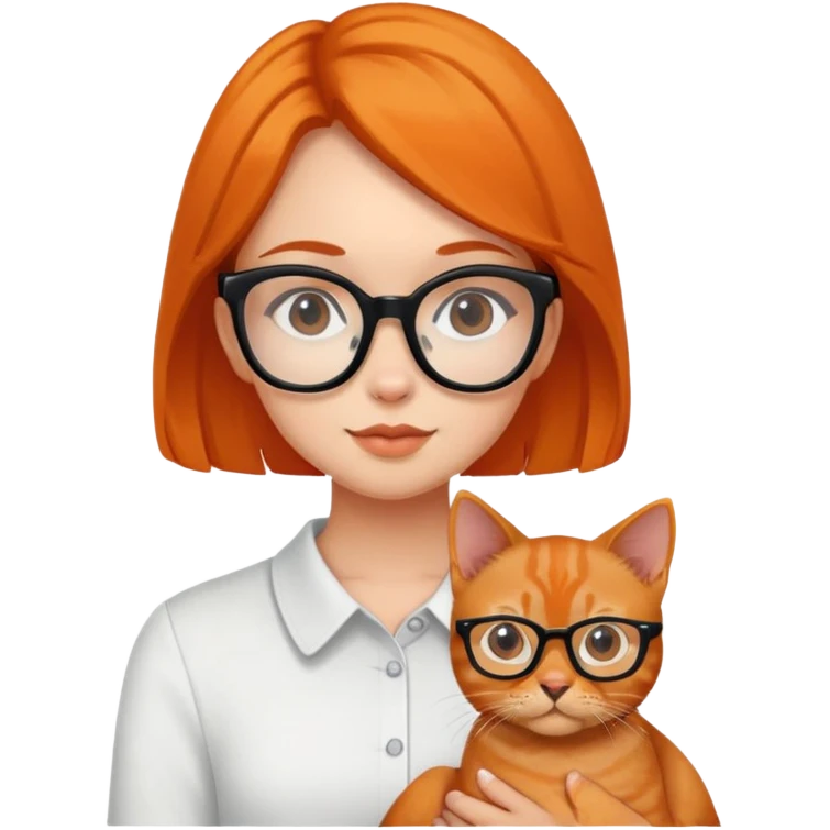 A girl with black framed glasses holding a brown puppy and an orange cat emoji