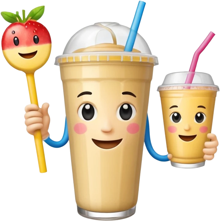 un vector de vaso de batido animado, de caricatura, con tapa y pitillo, que tenga brazos y piernas, cara tierna y que inspire confianza y amabilidad emoji