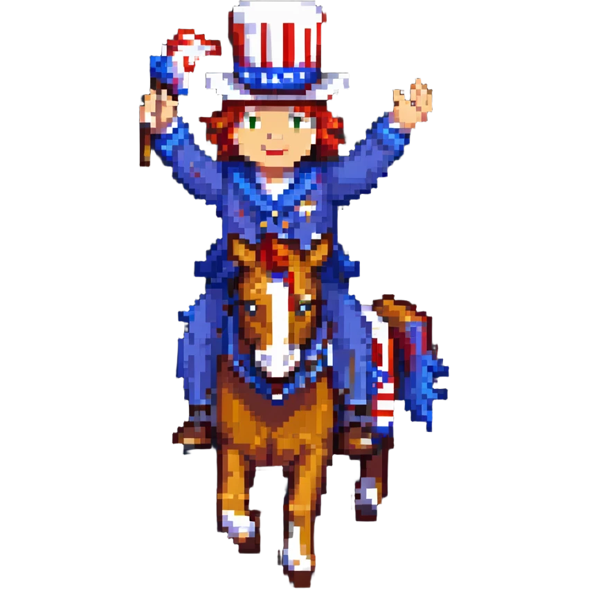 pixel art of Yankee Doodle riding a horse, waving a hat emoji