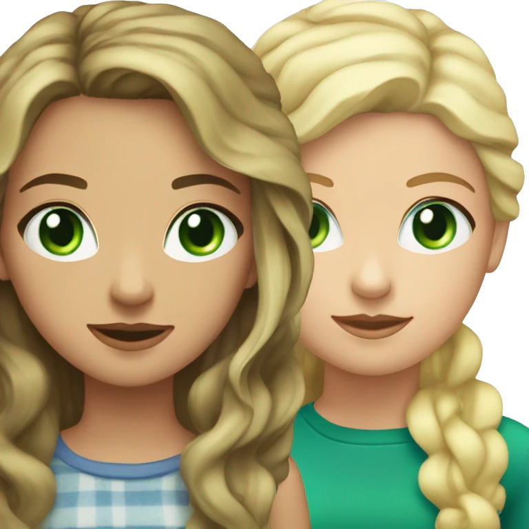Brunette girl whit wavy hair and green eyes standing besides a flat haired blonde girl whit blue eyes emoji