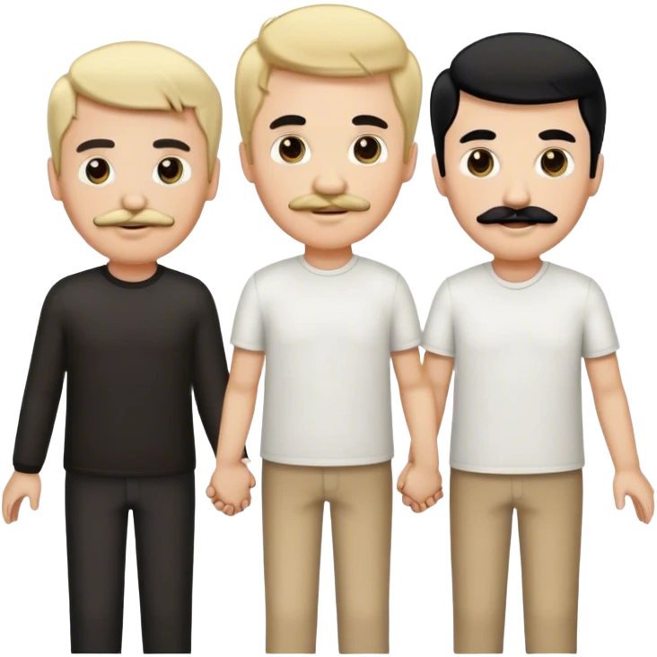 Three men holding hands, all white, one with blonde hair, one with black hair and a mustache, and one with brown hair emoji
