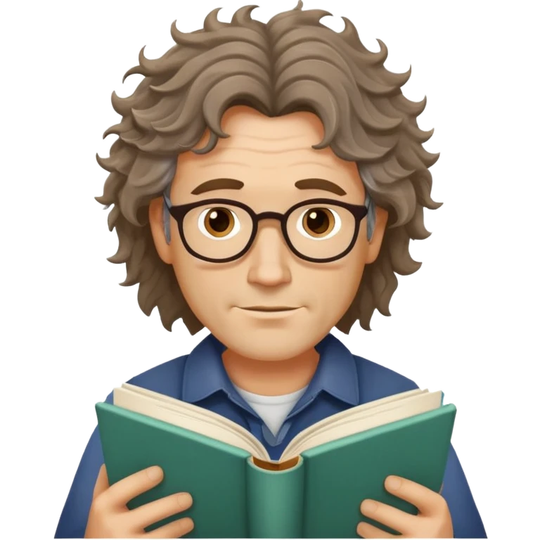 man in his forties with messy wavy hair, no glasses, reading a book emoji