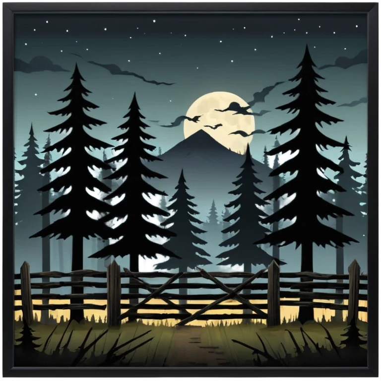a dark, brooding forest at night, with large looming fir trees. in front of the forest is a dilapidated old farm fence. emoji
