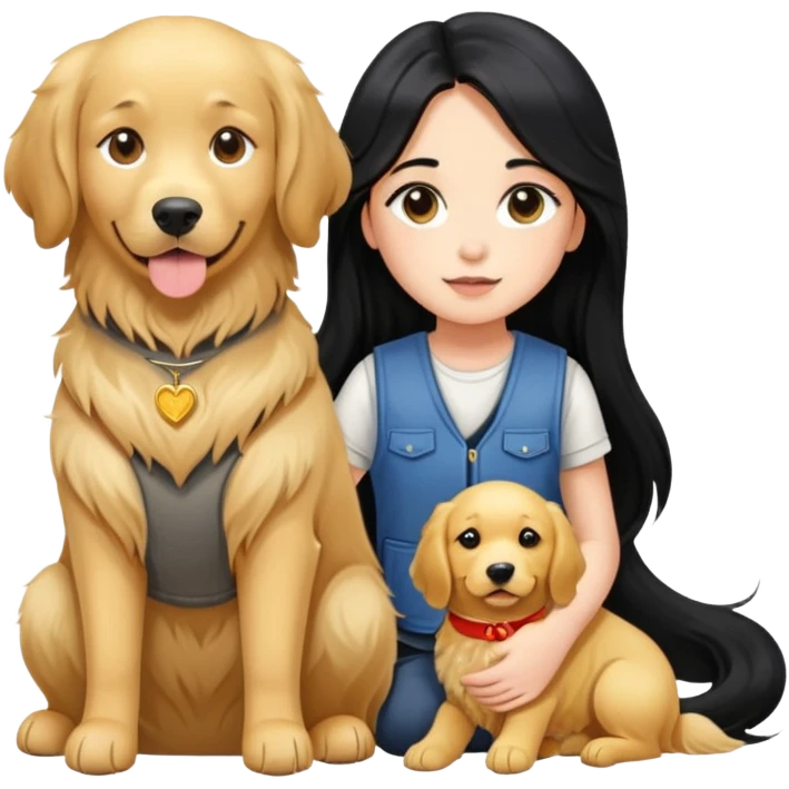 Long black hair - a girl in a vest holding a golden retriever emoji