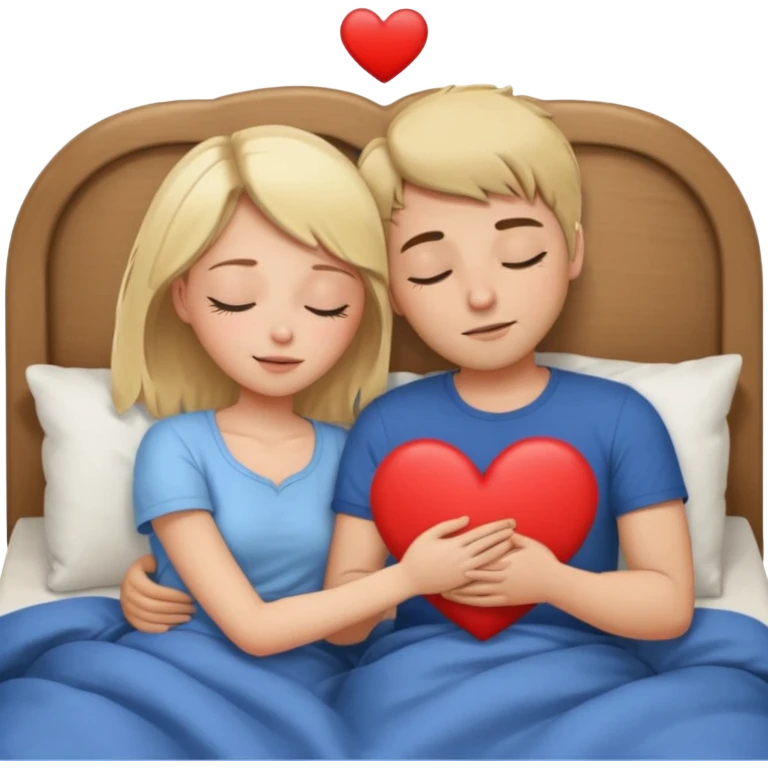 cuddling in bed, asleep. blonde girl. brunette man. eyes closed. heart between them. no headboard emoji